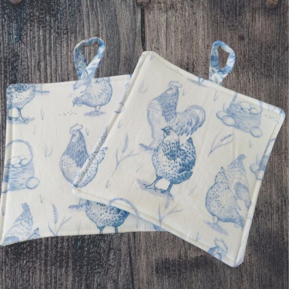 Handmade Potholder, Set of 2, Reversible Chickens and Blue Rose Hot Pads